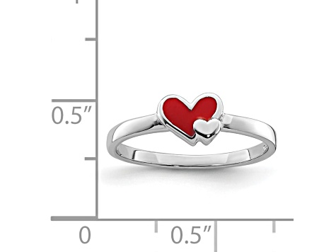 Rhodium Over Sterling Silver Red Enameled Double Heart Children's Ring