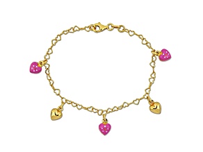 Children's Pink Enamel Heart Charm Bracelet in 18K Yellow Gold Over Sterling Silver