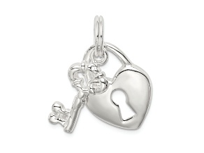 Rhodium Over Sterling Silver Heart and Key Charm