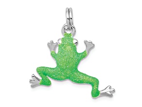Rhodium Over Sterling Silver Green Enamel Frog Charm