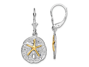 Rhodium Over Sterling Silver Sand Dollar with 14k Starfish Leverback Earrings