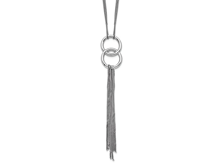 Rhodium Over Sterling Silver Circles With Tassel Pendant and Multi-Strand Curb Link 16 Inch Necklace