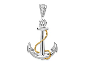 Rhodium Over Sterling Silver Polished 3D Anchor with 14k Yellow Gold Rope Pendant