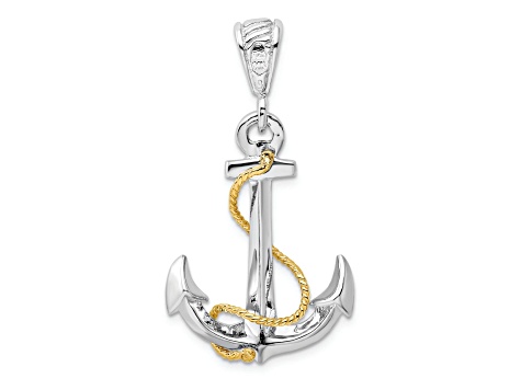 Rhodium Over Sterling Silver Polished 3D Anchor with 14k Yellow Gold Rope Pendant