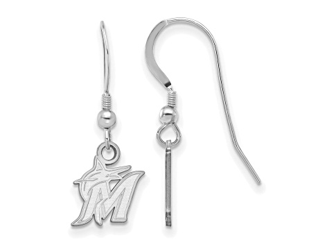 Rhodium Over Sterling Silver MLB LogoArt Miami Marlins Dangle Earrings