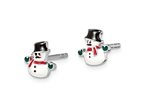 Rhodium Over Sterling Silver Childs Enamel Snowman Post Earrings