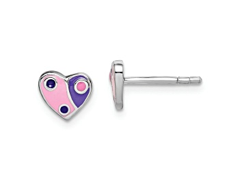 Picture of Rhodium Over Sterling Silver Pink and Purple Enamel Heart Post Earrings