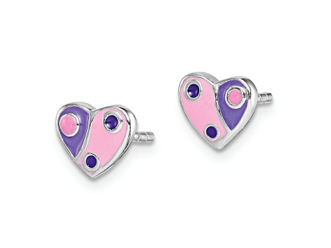Rhodium Over Sterling Silver Pink and Purple Enamel Heart Post Earrings