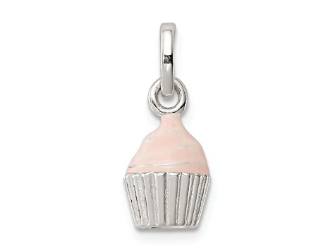 Sterling Silver Polished and Pink Enameled Cupcake Children's Pendant