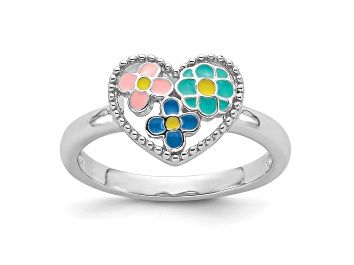 Picture of Rhodium Over Sterling Silver Beaded and Enameled Floral Heart Children's Ring
