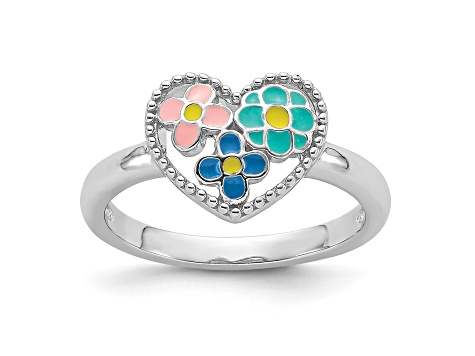 Rhodium Over Sterling Silver Beaded and Enameled Floral Heart Children's Ring