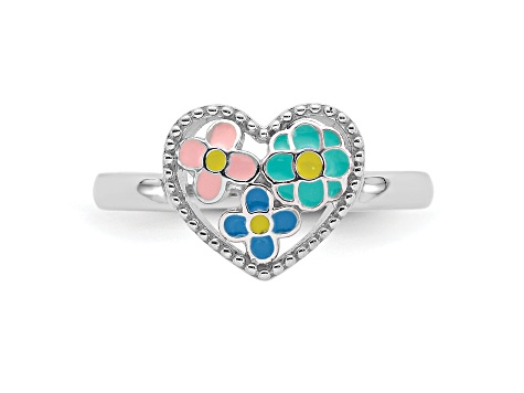 Rhodium Over Sterling Silver Beaded and Enameled Floral Heart Children's Ring