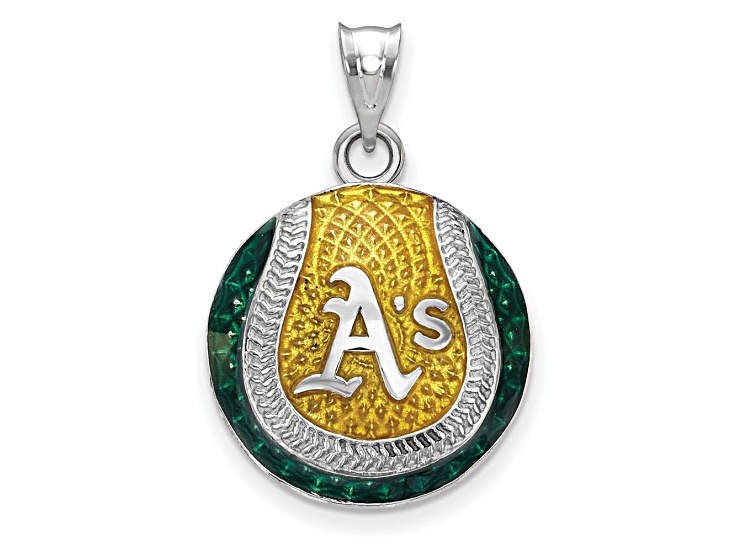 Rhodium Over Sterling Silver MLB LogoArt Oakland Athletics Enameled Pendant