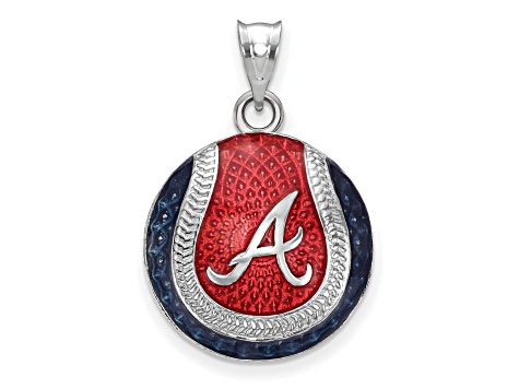 Rhodium Over Sterling Silver MLB LogoArt Atlanta Braves Enameled Pendant