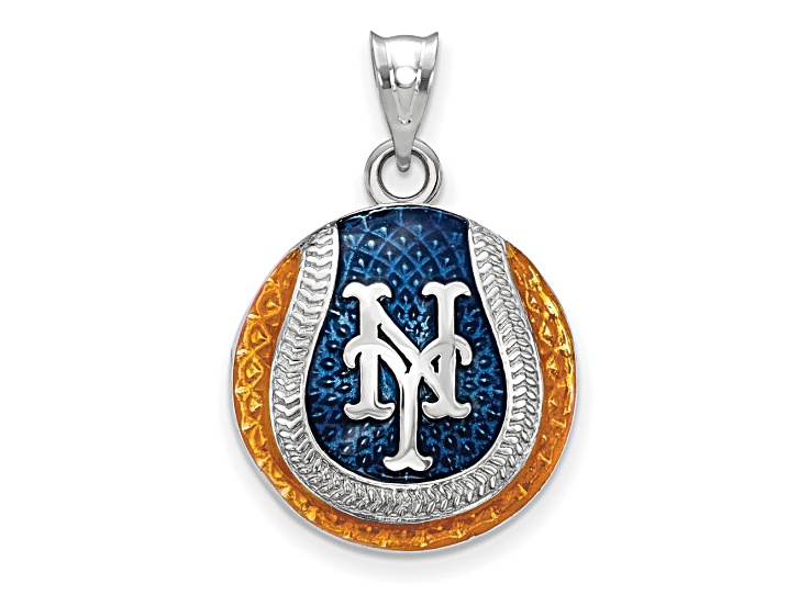 Rhodium Over Sterling Silver MLB LogoArt New York Mets Enameled Pendant