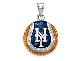 Rhodium Over Sterling Silver MLB LogoArt New York Mets Enameled Pendant