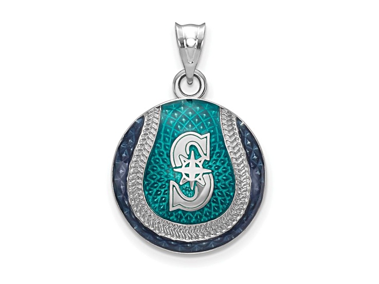 Rhodium Over Sterling Silver MLB LogoArt Seattle Mariners Enameled Pendant