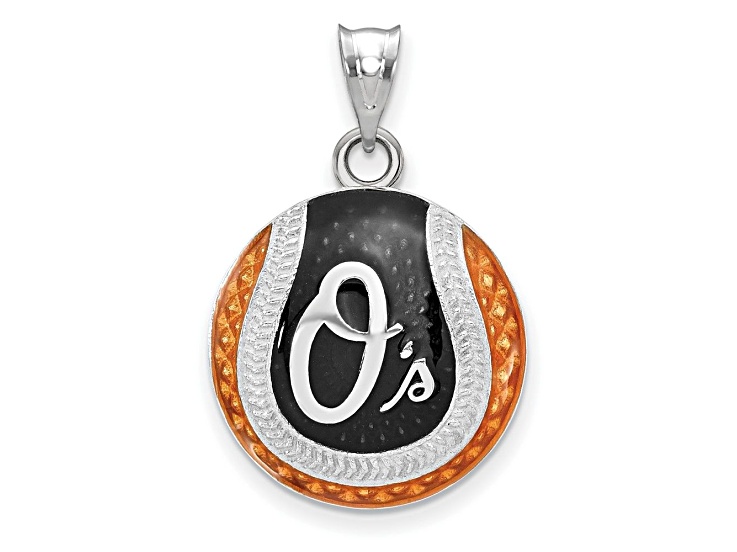Rhodium Over Sterling Silver MLB LogoArt Baltimore Orioles Enameled Pendant