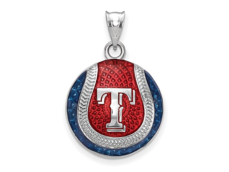 Rhodium Over Sterling Silver MLB LogoArt Texas Rangers Enameled Pendant