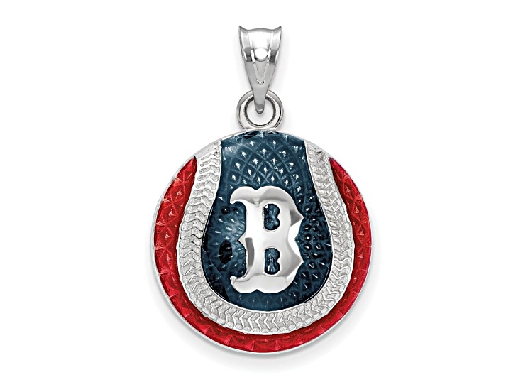 Rhodium Over Sterling Silver MLB LogoArt Boston Red Sox Enameled Pendant