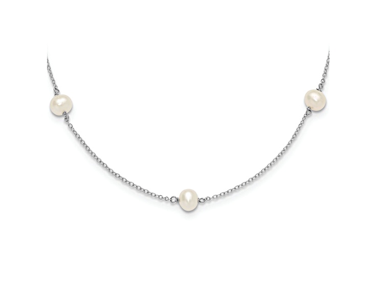 Rhodium Over Sterling Silver 5-5.5mm FWC Pearl 5-Station Children's Necklace