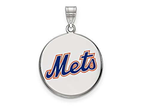 Rhodium Over Sterling Silver MLB LogoArt New York Mets Enamel Pendant