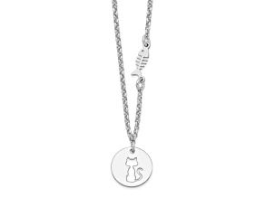 Sterling Silver Rhodium-plated Kitty and Fish with 1-inch Extension Necklace