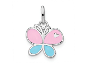 Rhodium Over Sterling Silver Blue and Pink Enamel Butterfly Children's Pendant