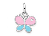 Rhodium Over Sterling Silver Blue and Pink Enamel Butterfly Children's Pendant