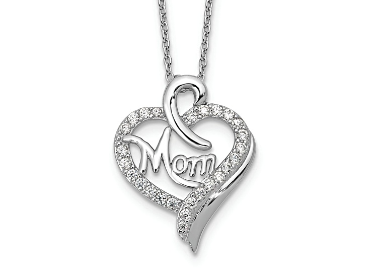 Rhodium Over Sterling Silver Cubic Zirconia Mom Heart with 2 Inch Extension Necklace