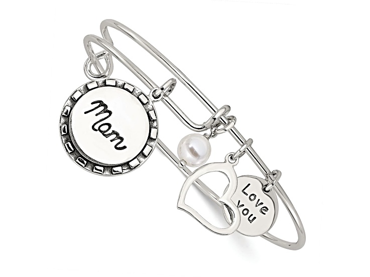 Sterling Silver Antiqued Synthetic Pearl Love You Mom Charm Adjustable Bangle