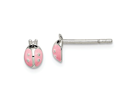 Sterling Silver Black/Pink Enamel Ladybug Children's Post Earrings