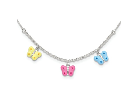 Sterling Silver Polished Enameled Three Butterfly Children's Necklace