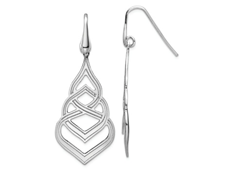 Rhodium Over Sterling Silver Polished and Textured Grooved Fancy Drop Dangle Earrings