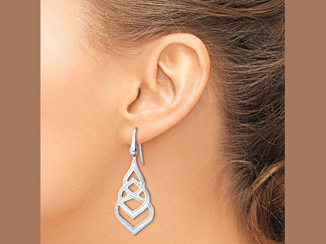 Rhodium Over Sterling Silver Polished and Textured Grooved Fancy Drop Dangle Earrings