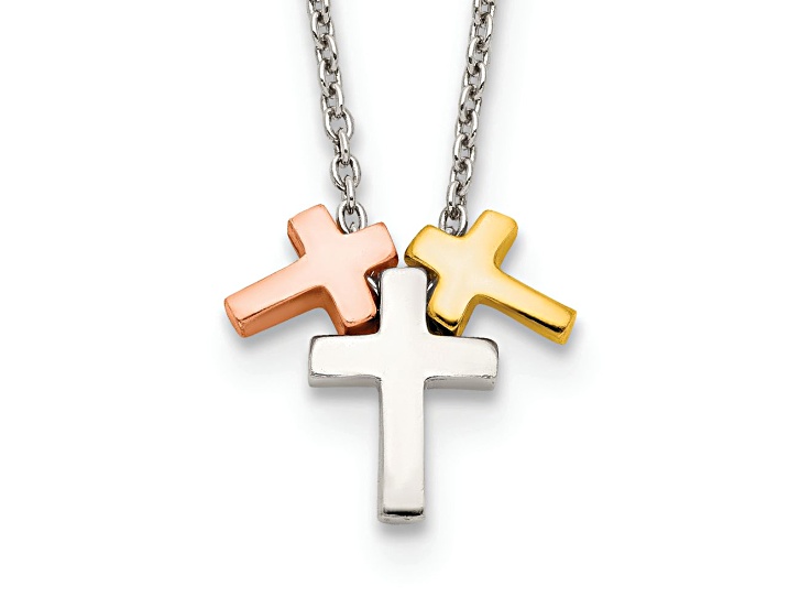 10K Rose and Yellow Gold Over Sterling Silver 3-Cross with 2-inch Extension Necklace