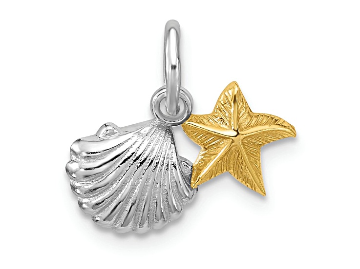Rhodium Over Sterling Silver Yellow Polished Starfish and Shell Pendant