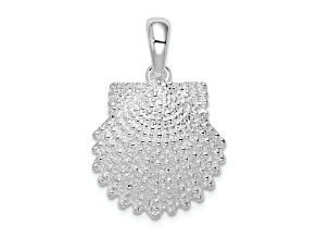 Rhodium Over Sterling Silver Polished Beaded Scallop Shell Pendant