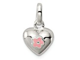 Sterling Silver Polished Pink Enamel Flower on Heart Children's Pendant