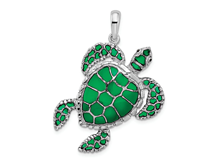 Rhodium Over Sterling Silver Polished Enameled Green Sea Turtle