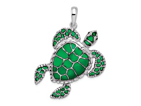 Rhodium Over Sterling Silver Polished Enameled Green Sea Turtle Pendant