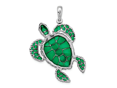 Rhodium Over Sterling Silver Polished Enameled Green Sea Turtle