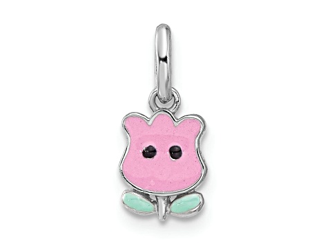 Rhodium Over Sterling Silver Pink and Green Enamel Tulip Children's Pendant