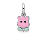Rhodium Over Sterling Silver Pink and Green Enamel Tulip Children's Pendant