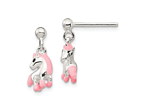 Sterling Silver Pink Enamel Horse Children's Post Dangle Earrings