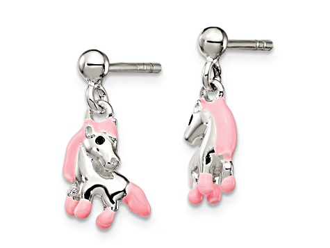 Sterling Silver Pink Enamel Horse Children's Post Dangle Earrings