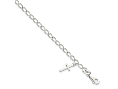 Sterling Silver Polished Latin Cross Charm with 1-inch Extensions Children's Bracelet