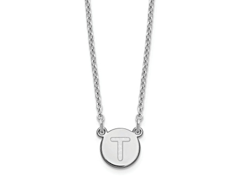 Rhodium Over Sterling Silver Tiny Circle Block Letter T  Initial Necklace
