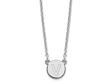 Rhodium Over Sterling Silver Tiny Circle Block Letter V Initial Necklace