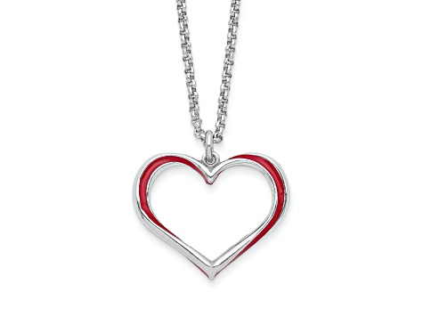 Sterling Silver Rhodium-plated Red Enamel Heart with 1-inch Extension Necklace
